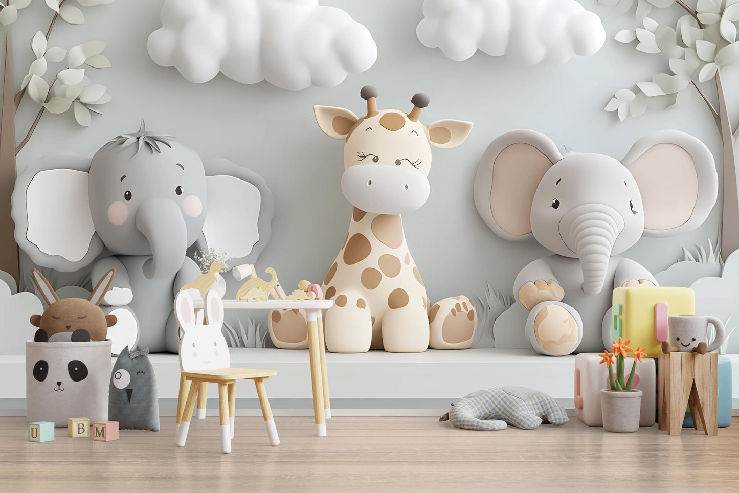 Safari Animal Nursery Wall Art - Giraffe & Elephant 3D Cartoon Mural for Kids Room - Neutral Jungle Baby Room Decor Vn426