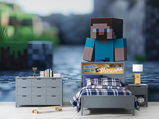 Minecraft Wall Art for Kids Room – Gamer Bedroom Decor with Steve, Pixel Style Mural for Boys, Video Game Nursery Art Vn282