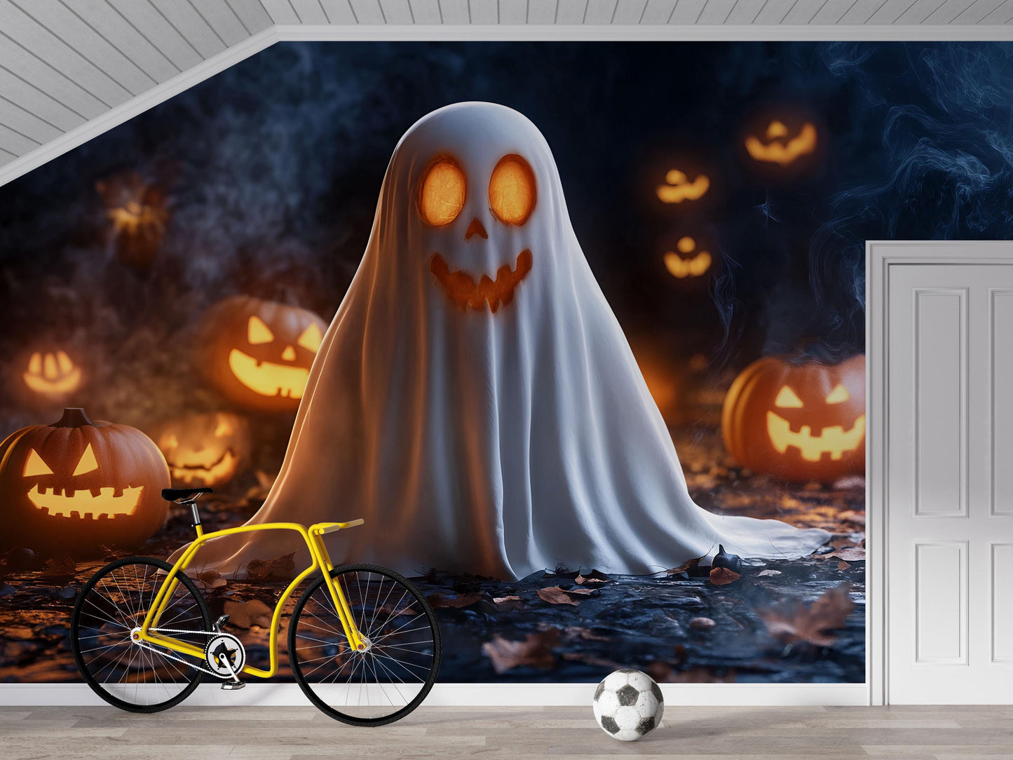Cute Ghost & Pumpkin Glow Wall Mural – Halloween Spooky Décor Vn803