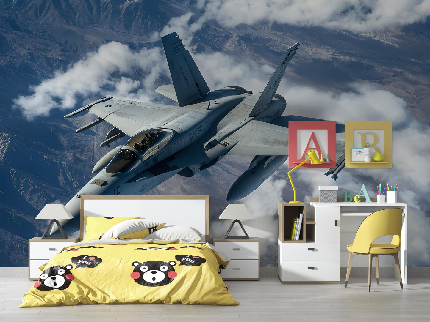 Jet Fighter Wall Mural – Realistic Military Aircraft Wallpaper for Boys Room, Aviation Decor, Pilot Gift, Removable Vinyl Art Vn459