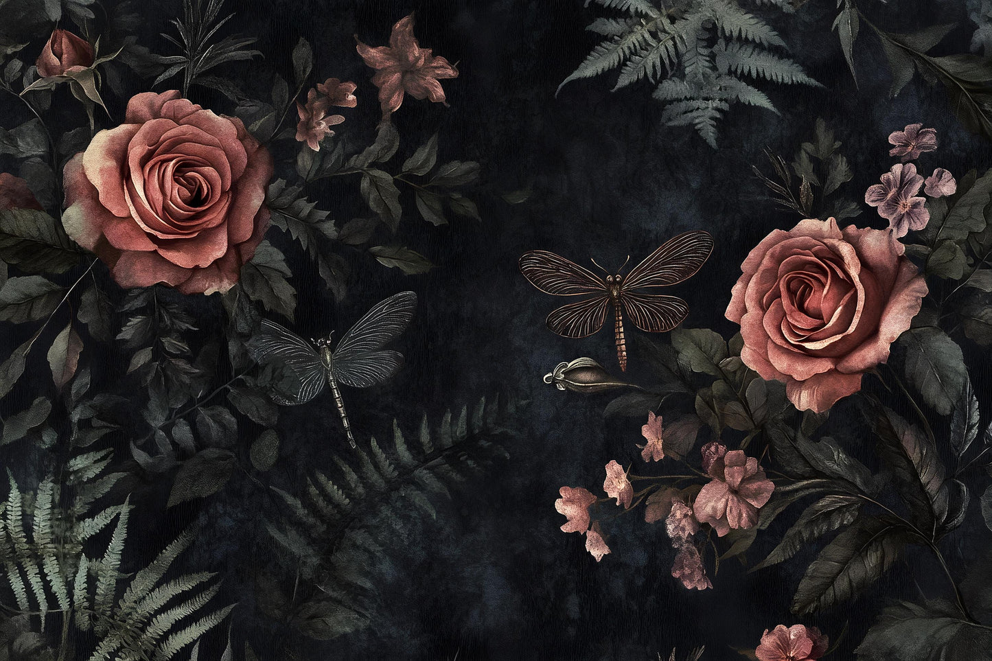 Dark Rose & Dragonfly Wall Art – Vintage Botanical Print Vn956
