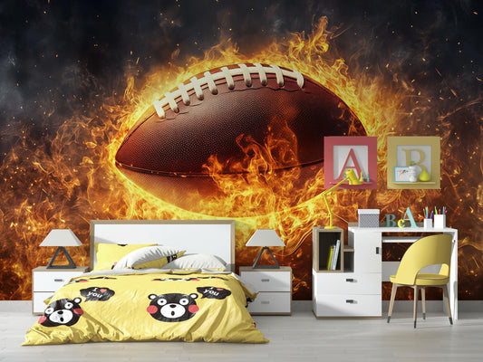 American Football Wall Mural – Flaming Sports Wallpaper for Boys Room & Man Cave Decor Vn879