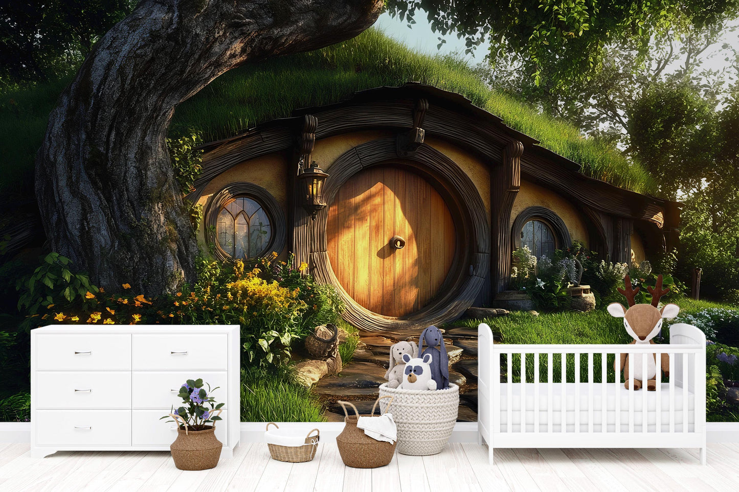 Whimsical Hobbit House Wall Mural for Kids Room – Fantasy Forest Nature Scene for Playroom, Nursery, or Cozy Nook Decor Vn602