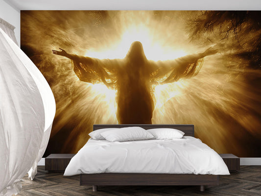 Spiritual Jesus Wall Mural – Radiant Light Religious Wallpaper – Divine Bedroom Decor – Christian Art Mural Vn608