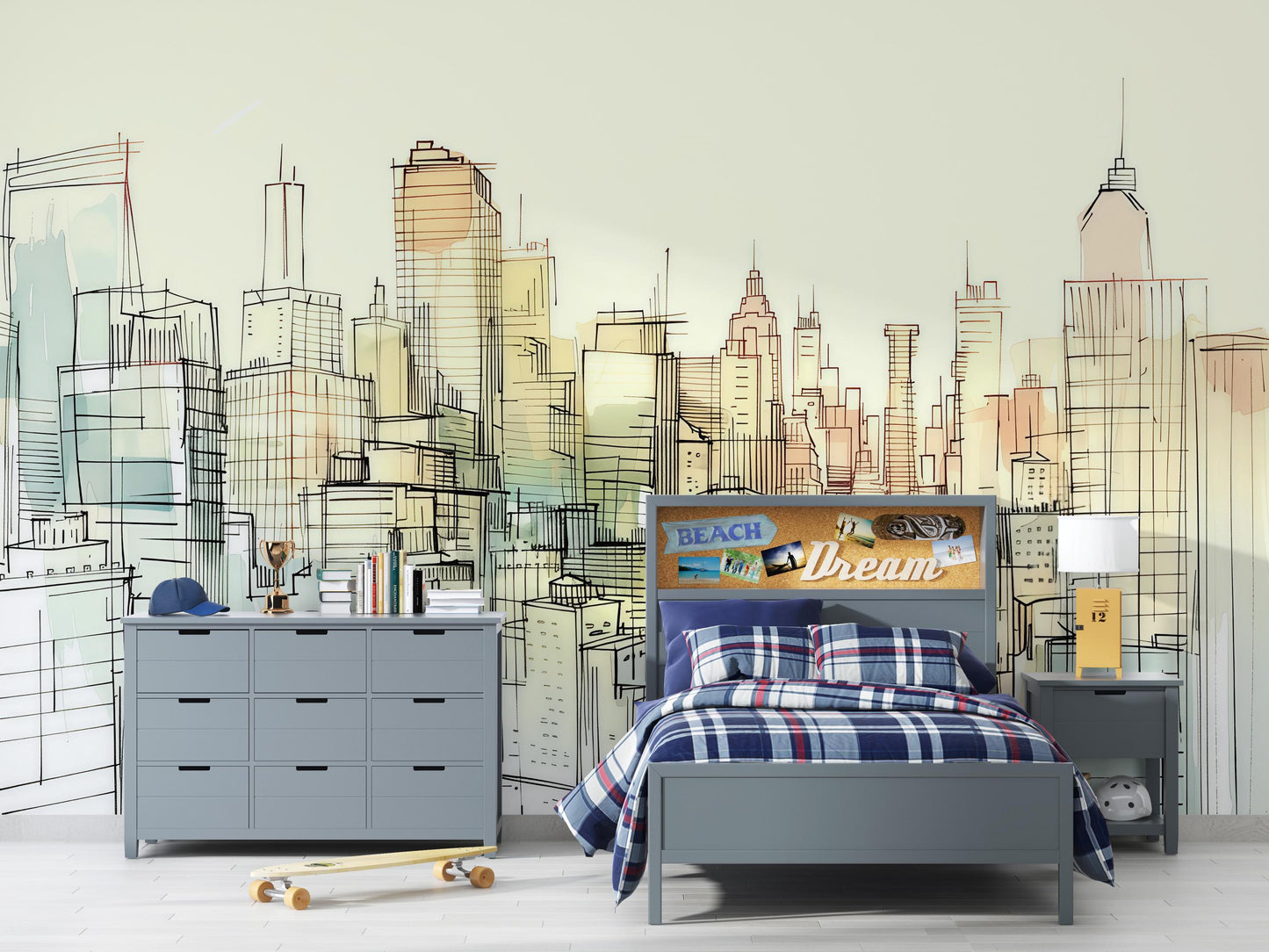 City Sketch Wall Mural – Urban Skyline Line Art Wallpaper, Modern Accent Wall Decor for Bedroom, Office or Kids Room Vn1069