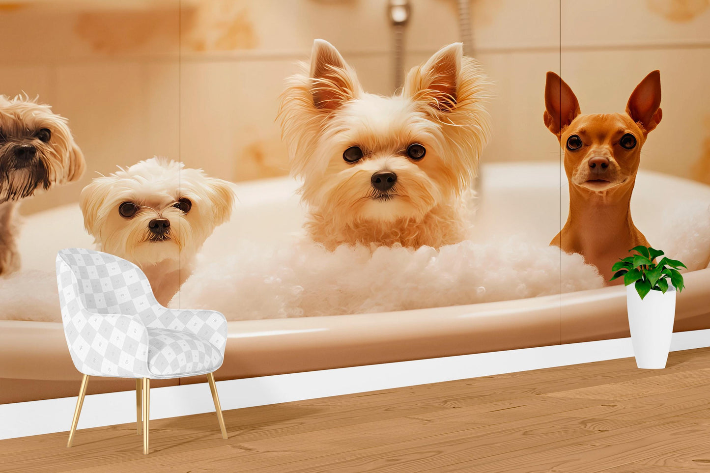 Cute Puppy Bathtub Wall Mural - Dog Bath Scene Wallpaper for Pet Lovers Vn677