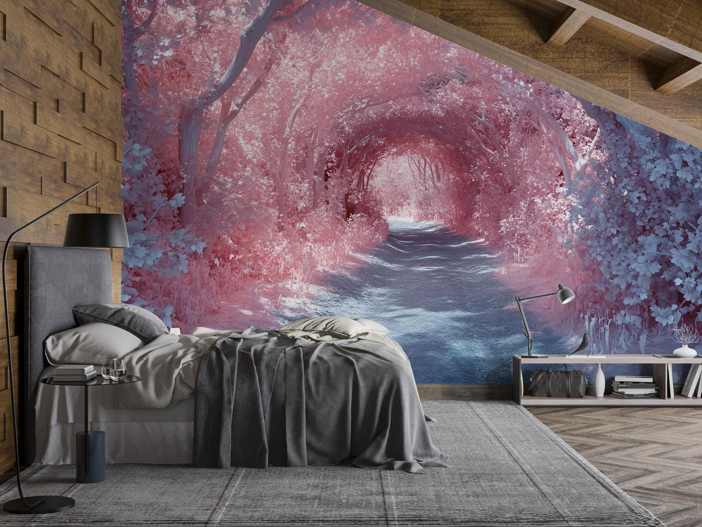 Forest Path Wall Mural – Dreamy Pink & Blue Nature Scene, Bedroom Accent Wallpaper, Mystical Woodland Art Print Vn578