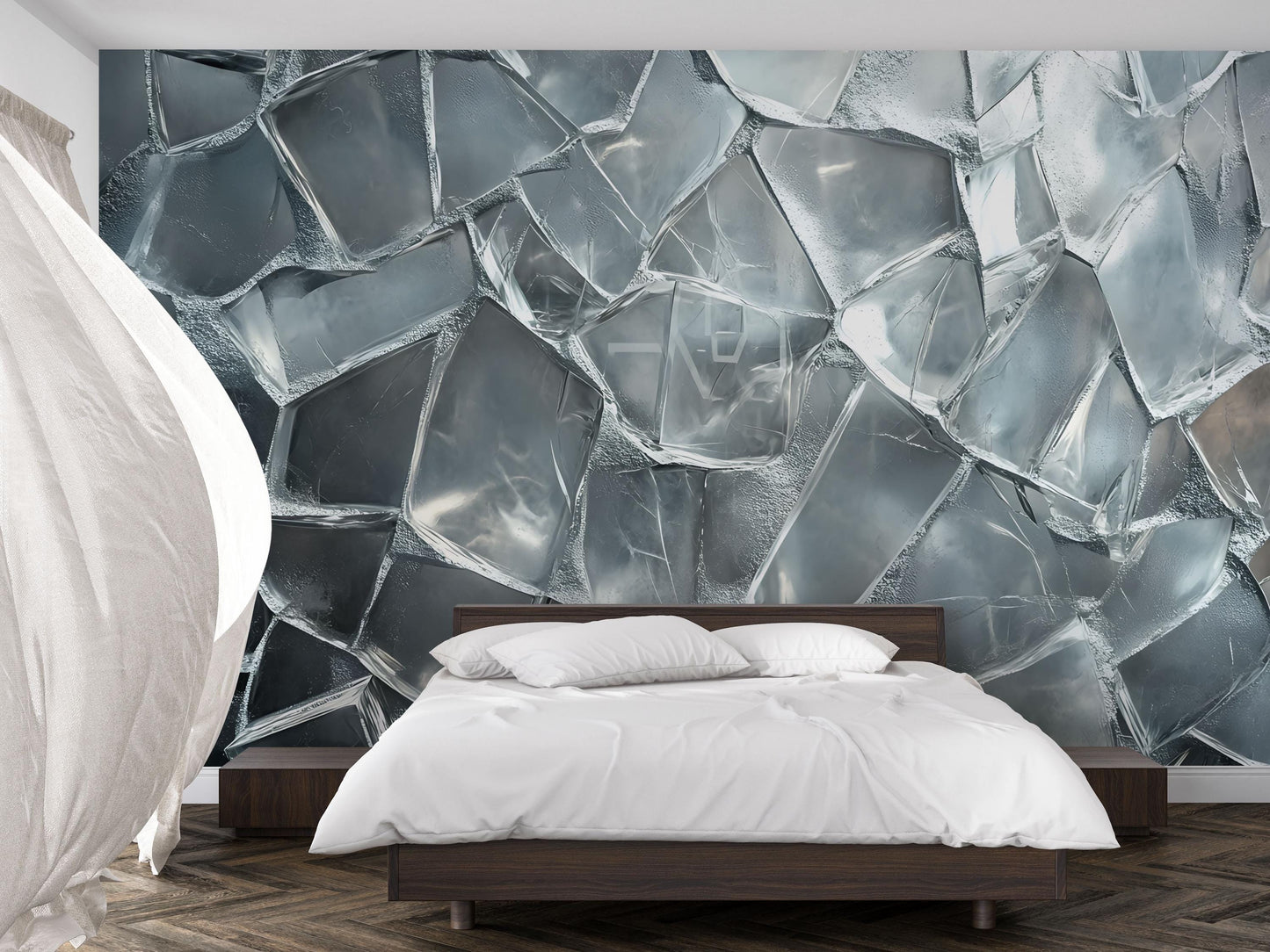3D Ice Wall Mural for Bedroom, Cool Modern Wall Art, Textured Frozen Ice Wallpaper, Abstract Blue Grey Wall Décor Vn726