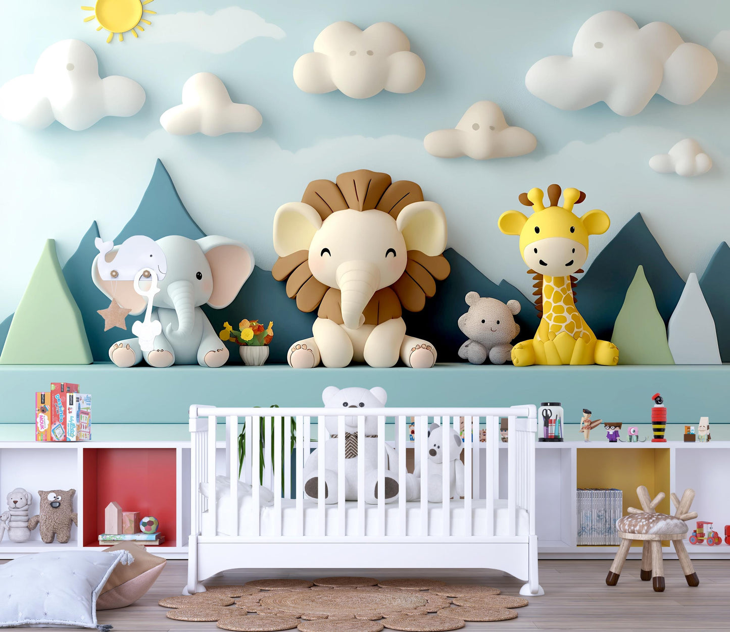 Safari Animal Nursery Wall Art – Jungle Theme Baby Room Decor, 3D Effect Safari Mural with Lion, Elephant, Giraffe Vn430