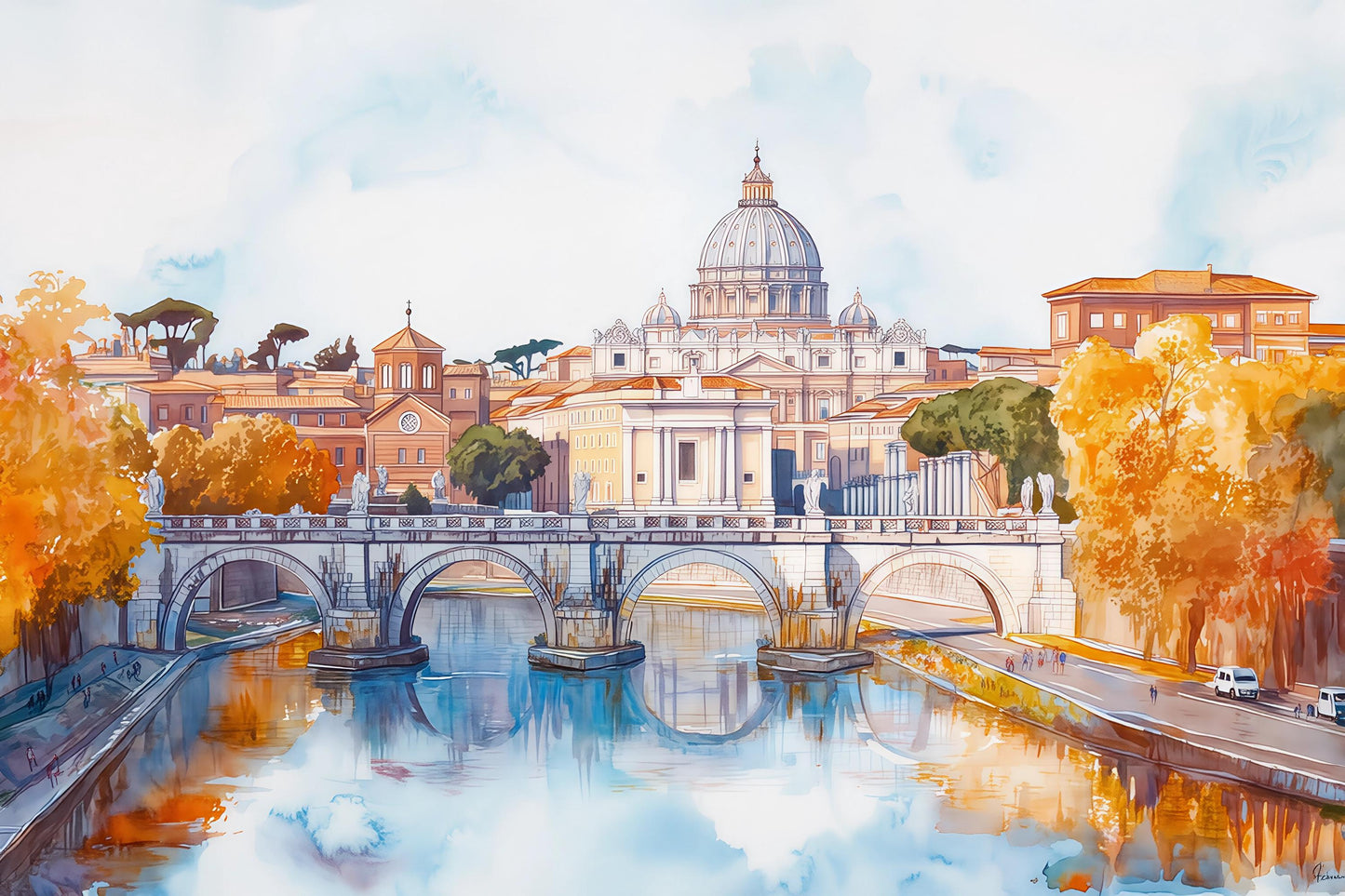 Rome St. Peter’s Basilica Wall Mural – Watercolor Vatican Bridge & River Wallpaper Vn924