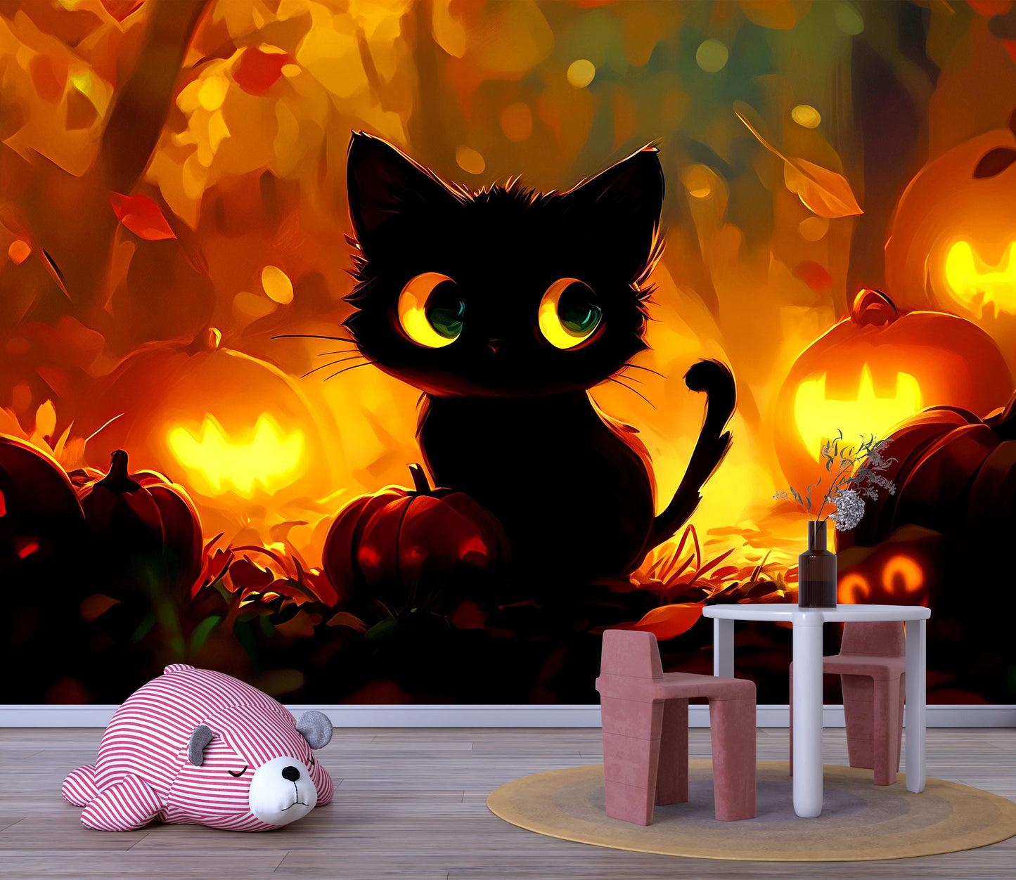 Cute Black Cat Halloween Wall Mural – Pumpkin Lantern Night Scene Vn812