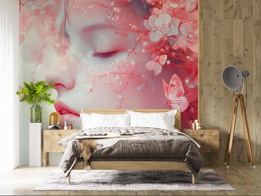 Dreamy Girl Floral Wall Mural – Pink Fantasy Art Wallpaper for Bedroom or Living Room, Ethereal Nature Fairy Design Vn268