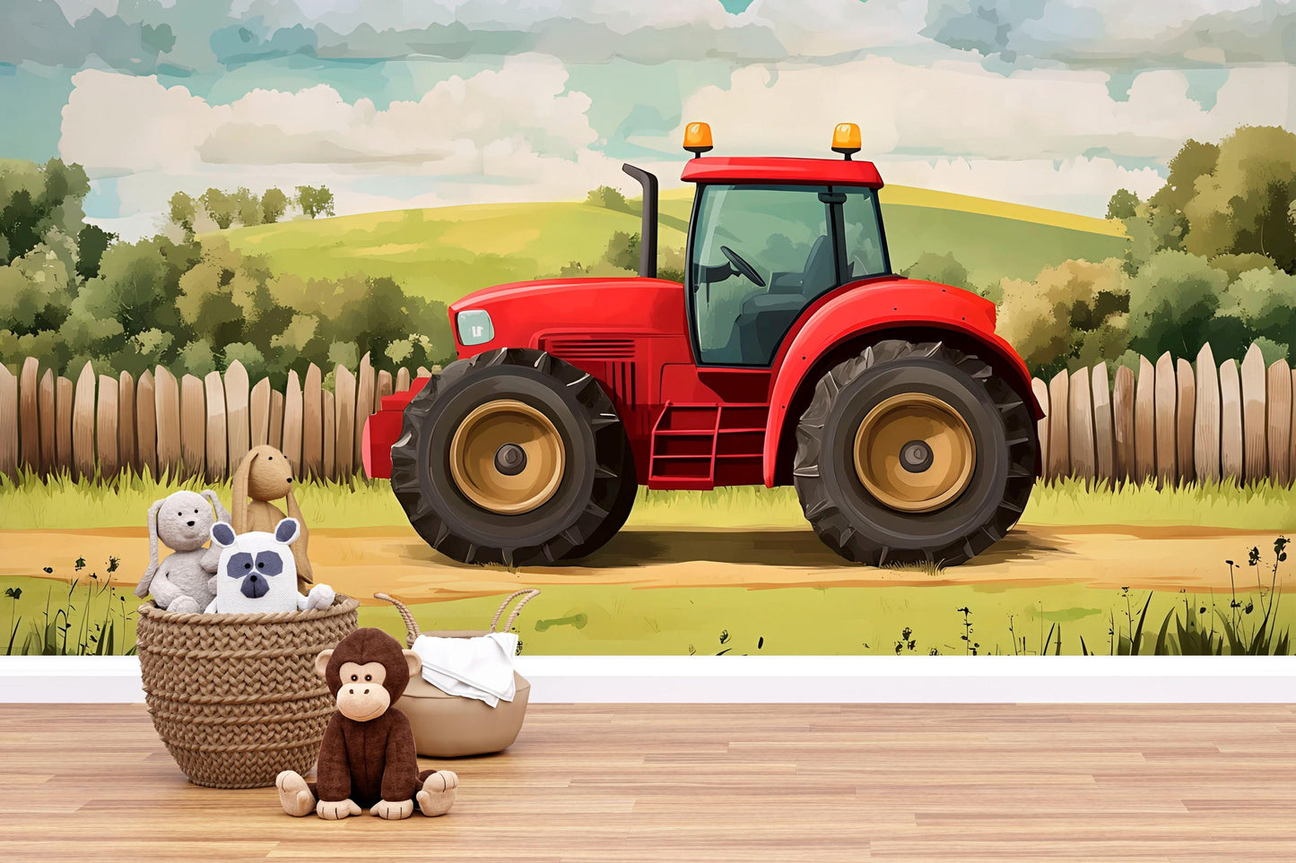 Red Tractor Kids Wall Mural – Farm Scene Wallpaper for Nursery or Playroom – Boys Room Decor – Country Landscape Wall Art Vn624