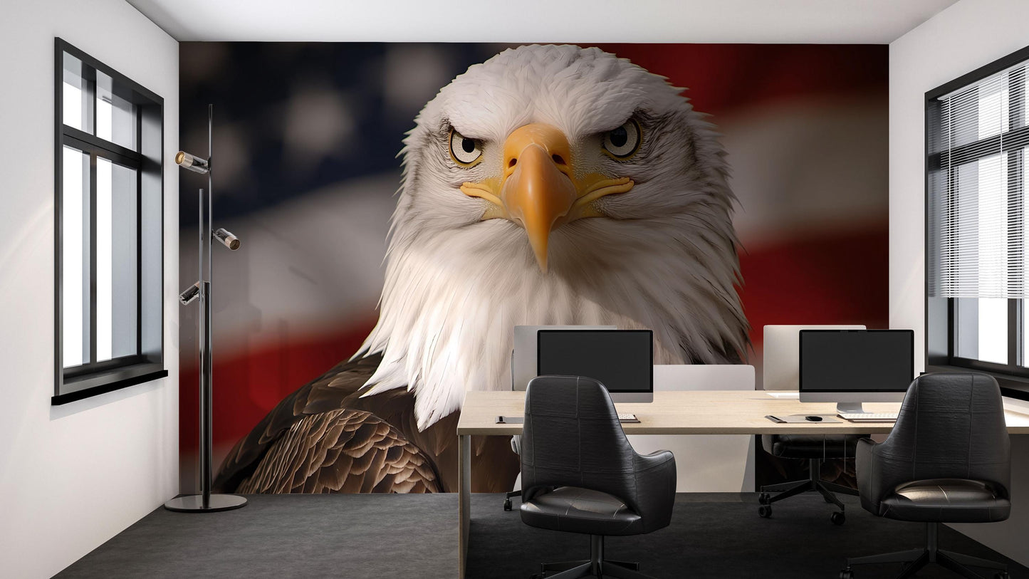 Patriotic Office Wall Mural | Bald Eagle with USA Flag | Modern Workspace Art Vn714