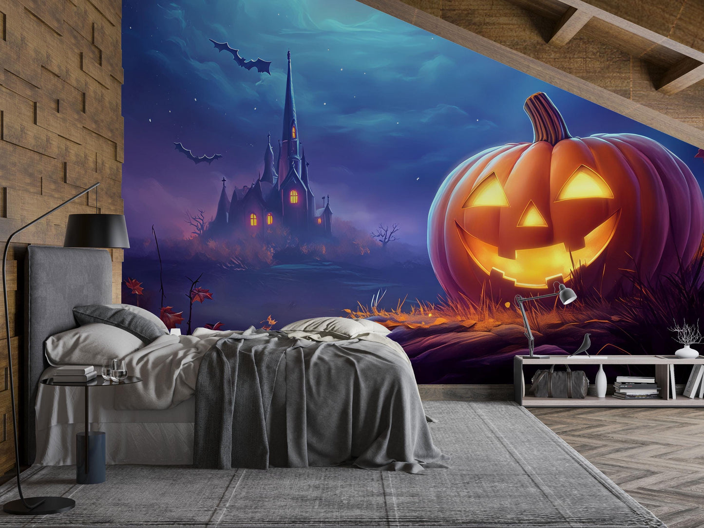 Haunted House & Jack-O’-Lantern Halloween Wall Mural – Spooky Night Scene Vn814