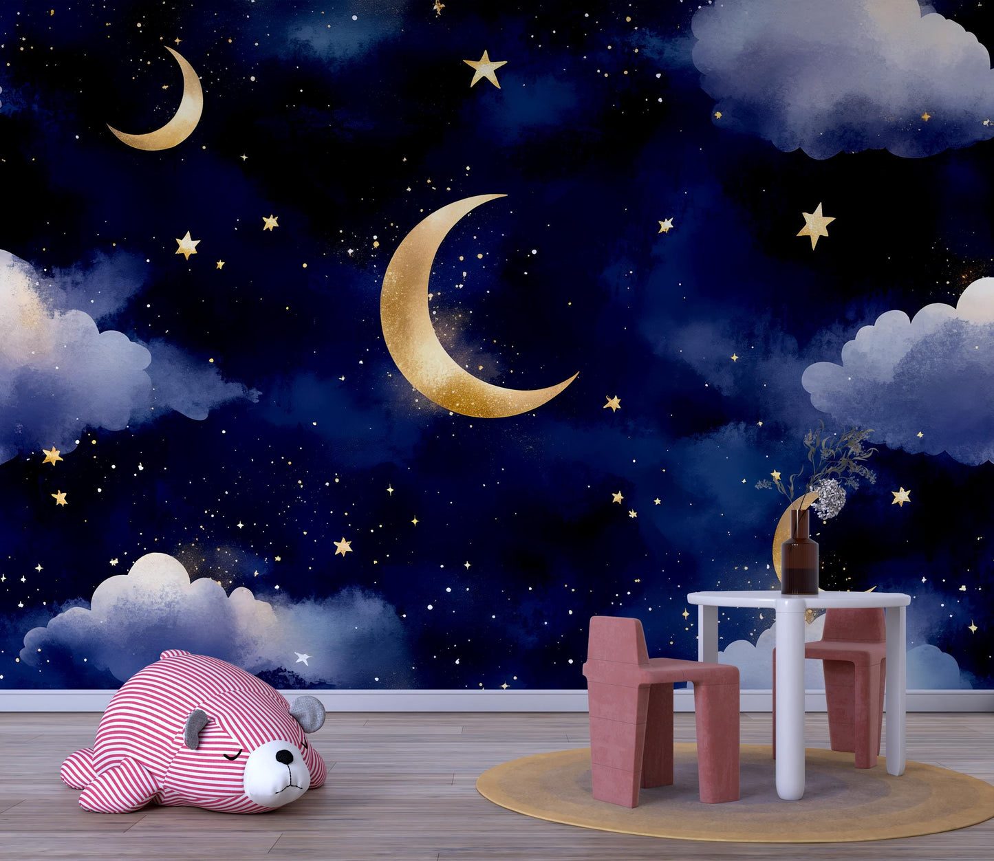 Moon Stars Night Sky Mural – Gold Crescent Cloud Nursery Wallpaper Vn993