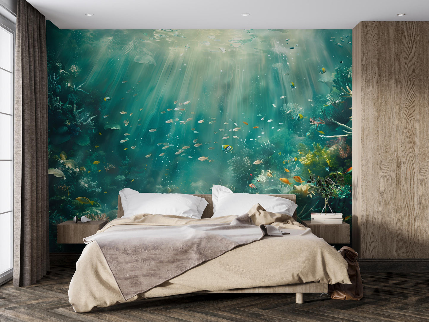 Underwater Ocean Wall Mural – Coral Reef & Fish Wallpaper, Aquatic Sea Life Accent Wall Decor for Bedroom or Living Room Vn1067