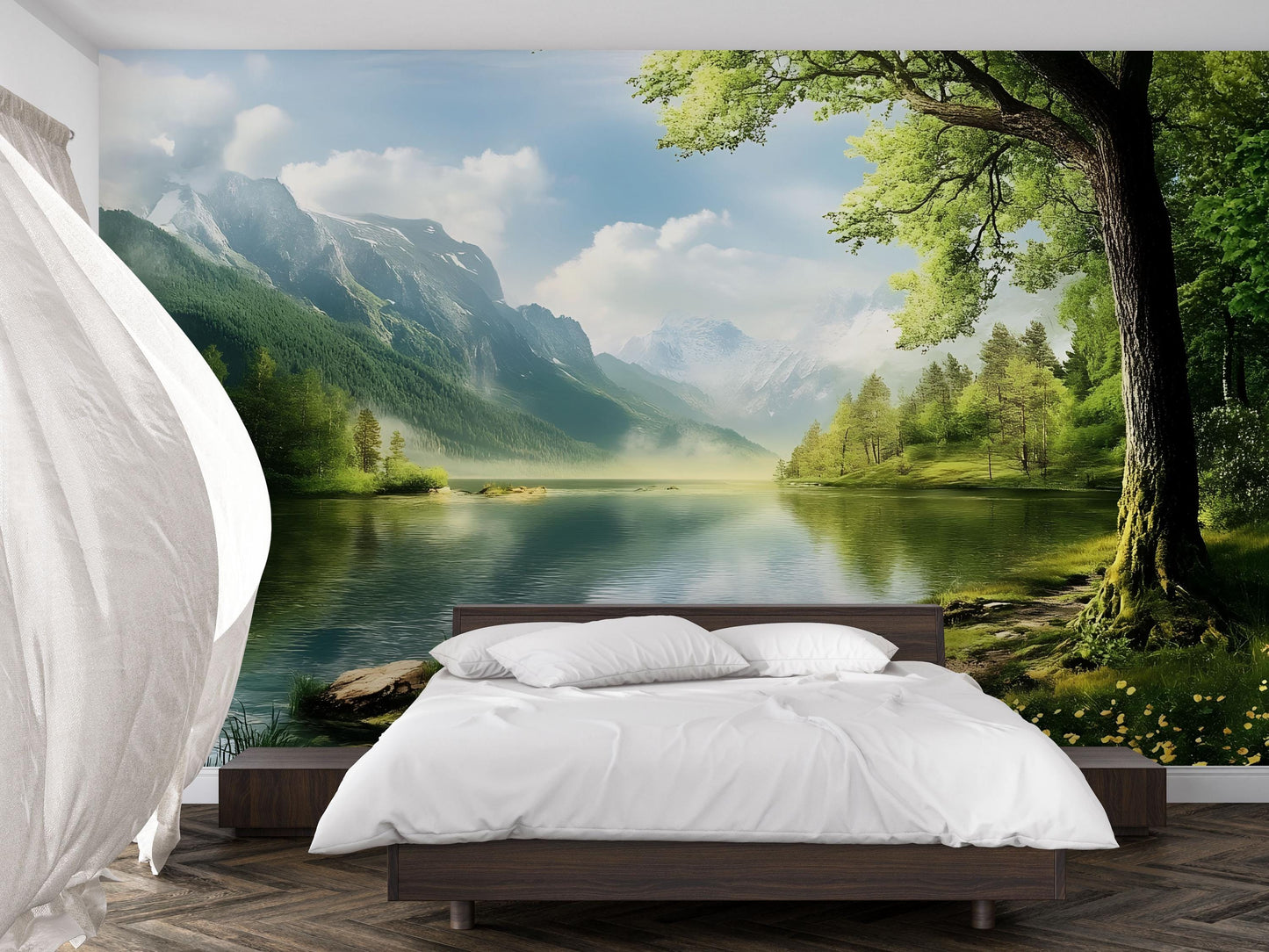 Mountain Lake Wall Mural – Scenic Nature Forest Landscape Wallpaper Vn824