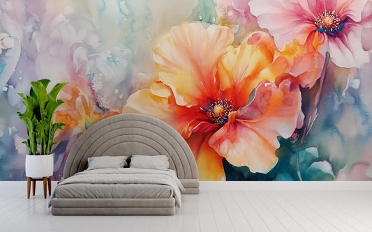 Large Watercolor Floral Wall Mural – Bold Orange Flower Peel and Stick Wallpaper – Bedroom Accent Wall Art – Removable Wall Décor Vn350