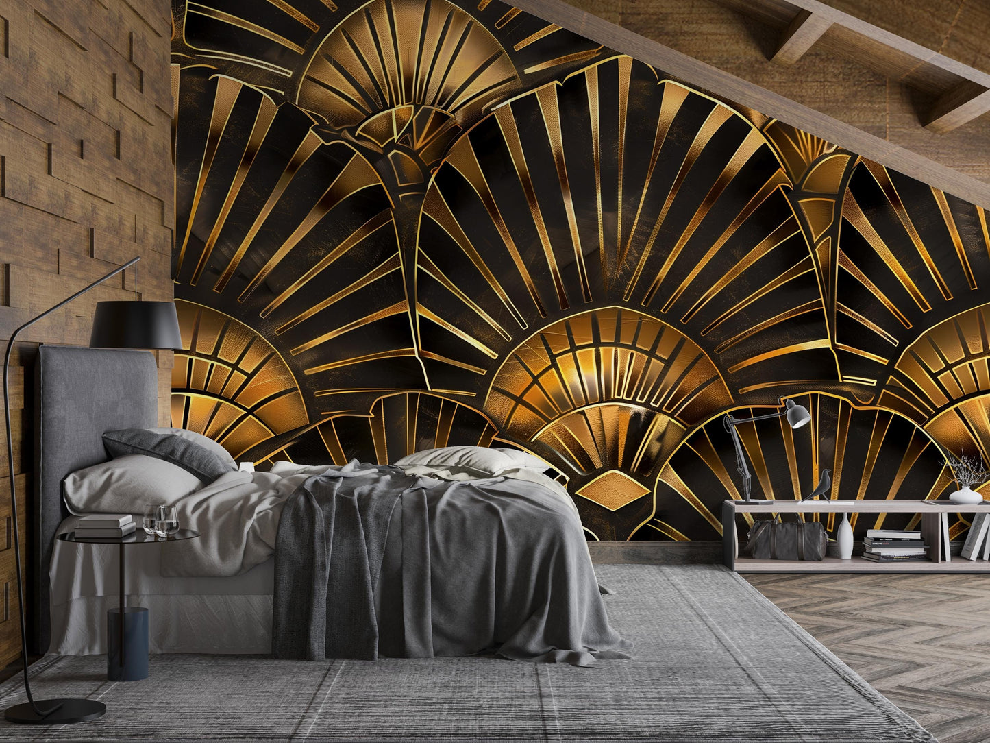 Art Deco Gold Wall Mural – Glam Geometric Fan Wallpaper in Black & Gold Luxury Style Vn1090