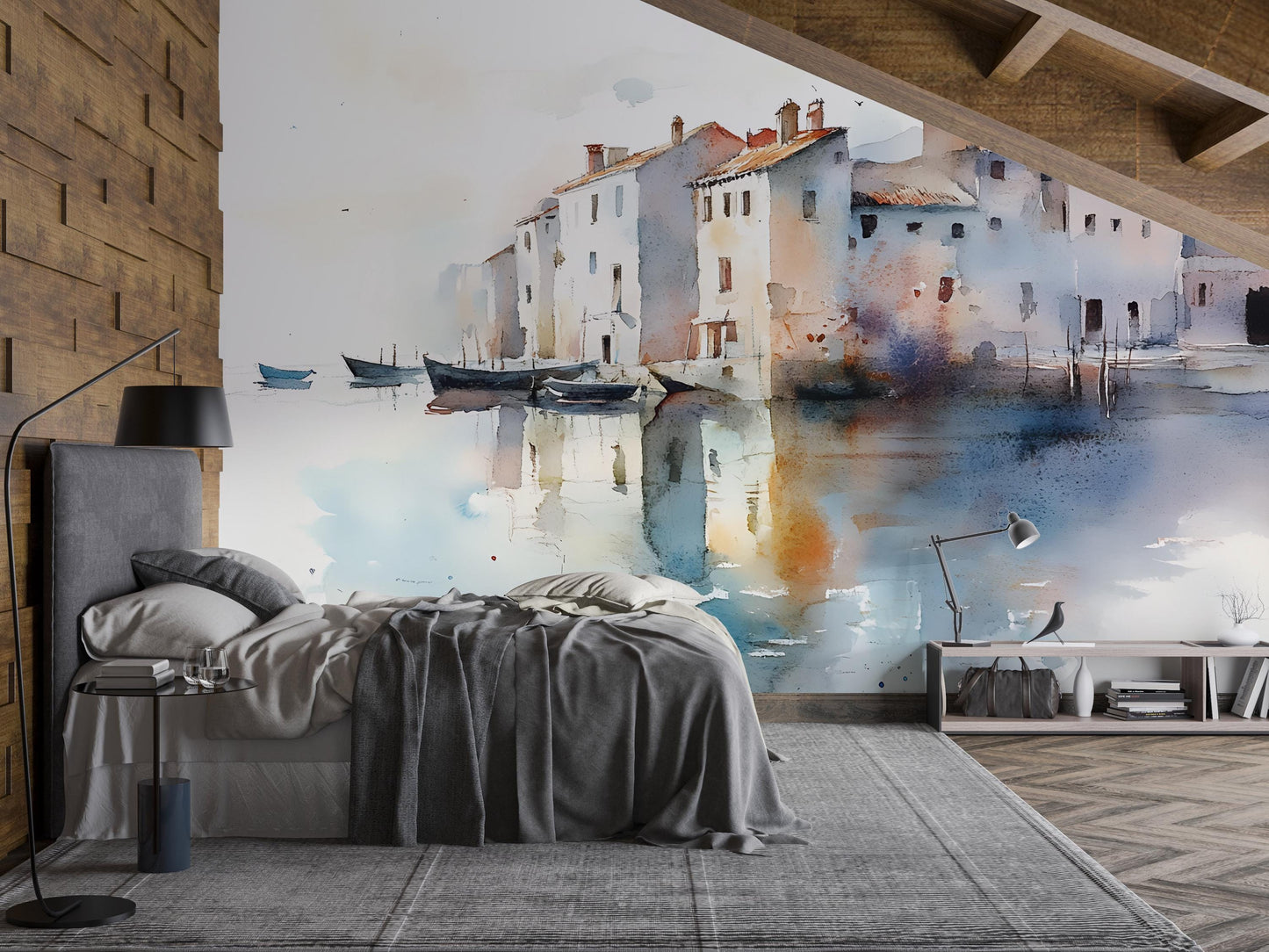 Watercolor Coastal Wall Mural | Venice-Inspired Wall Art | Removable Bedroom Wallpaper | Mediterranean Art Décor Vn548