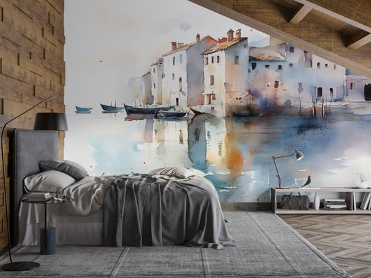 Watercolor Coastal Wall Mural | Venice-Inspired Wall Art | Removable Bedroom Wallpaper | Mediterranean Art Décor Vn548