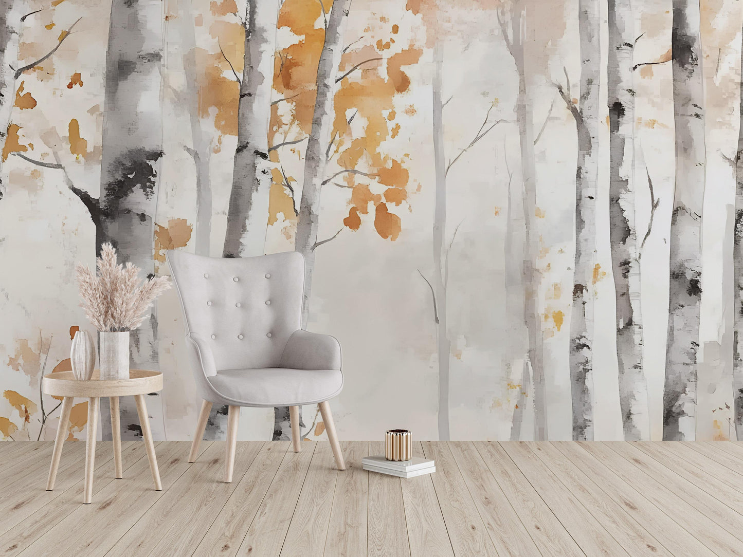 Birch Tree Wall Mural | Autumn Forest Wallpaper | Neutral Nature Accent Wall | Scandinavian Woodland Peel and Stick Wall Art Vn491