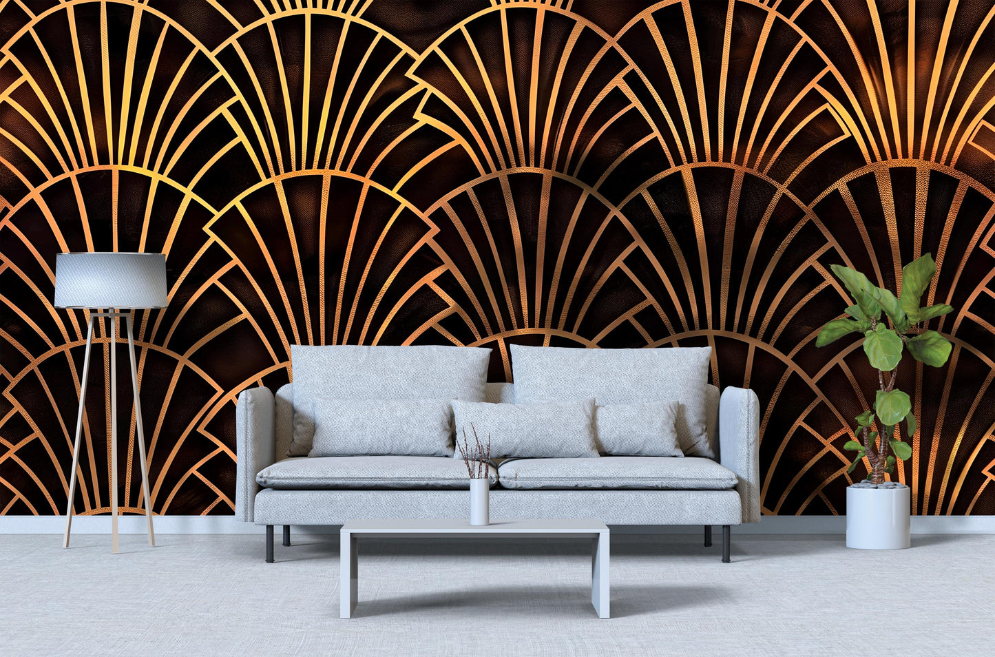 Art Deco Wall Mural – Luxury Gold Fan Pattern Wallpaper for Living Room, Bedroom, Office or Bar Decor Vn1086