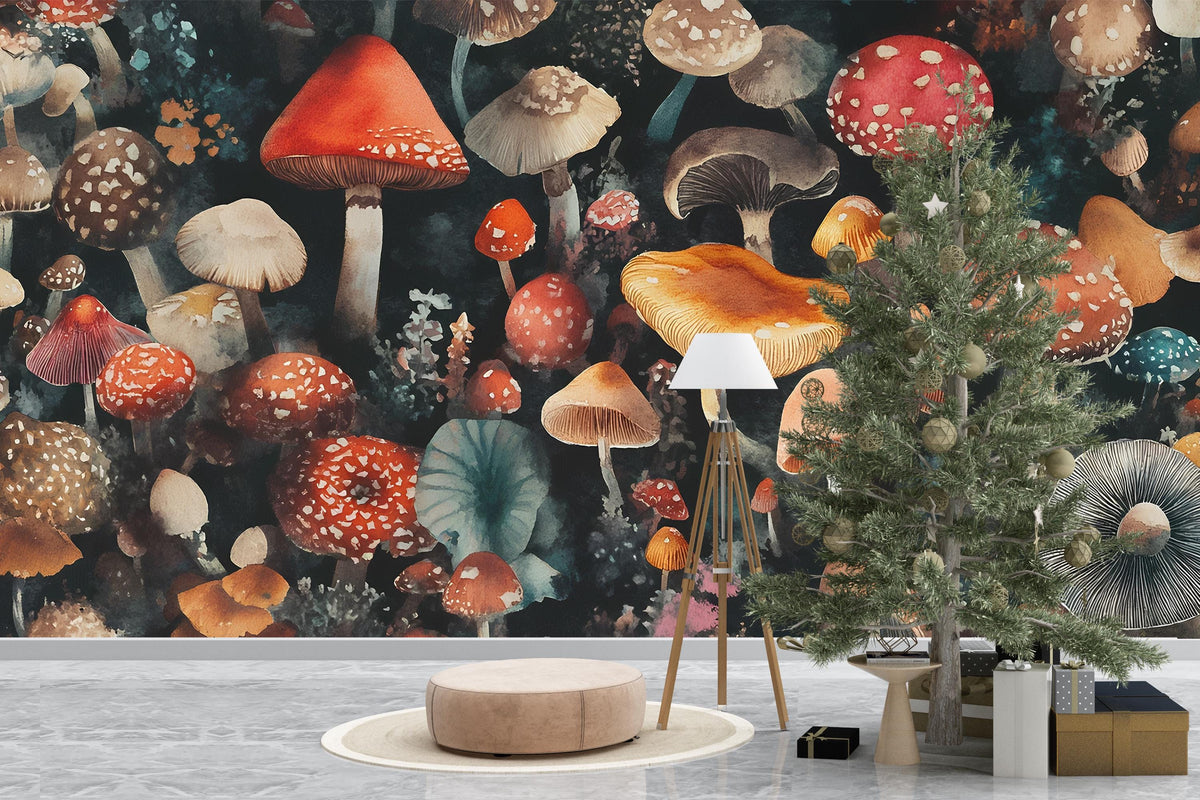 Whimsical Mushroom Forest Wall Mural - Fantasy Botanical Wallpaper for Boho Home Décor, Dark Cottagecore Wall Art Vn215