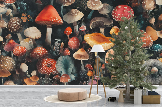 Whimsical Mushroom Forest Wall Mural - Fantasy Botanical Wallpaper for Boho Home Décor, Dark Cottagecore Wall Art Vn215