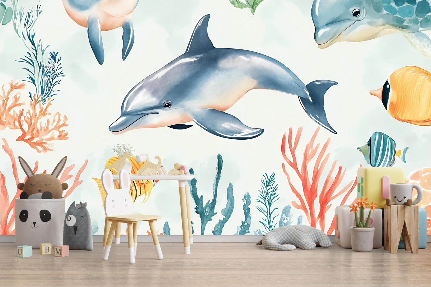 Dolphin Wall Mural – Underwater Ocean Wallpaper for Kids Room & Nursery Vn984