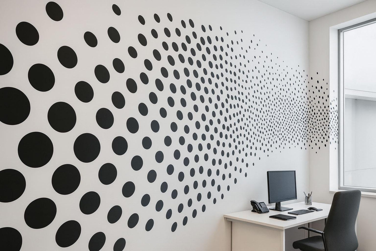 Black Dot Gradient Wall Mural – Modern Optical Illusion Wallpaper, Geometric Accent Wall for Office or Home Vn852