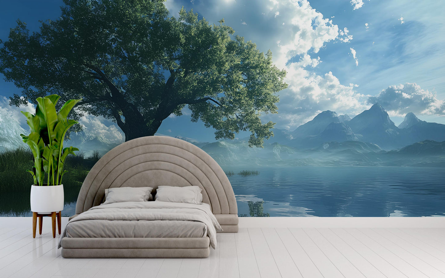 Tranquil Lake Tree Wall Mural – Large Nature Scenic Wallpaper for Bedroom or Living Room – Removable Landscape Art Decor Vn581