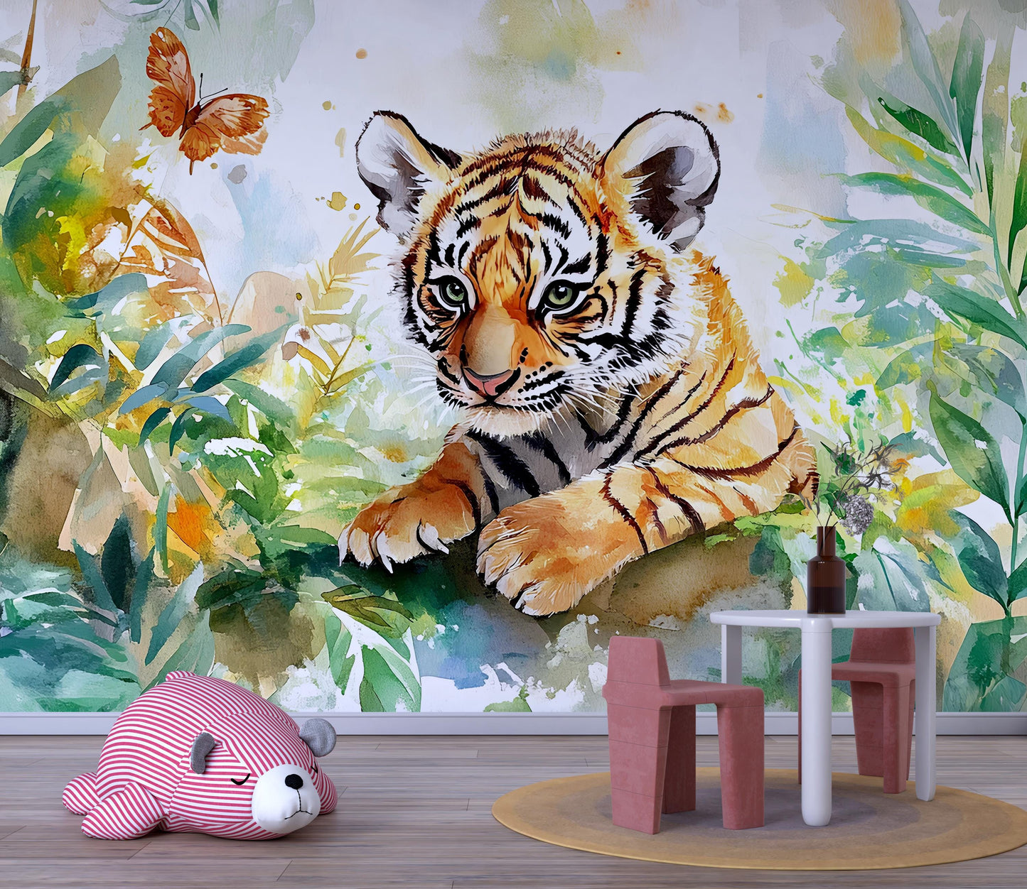 Tiger Cub Jungle Mural – Watercolor Safari Wall Art for Kids Room Vn337