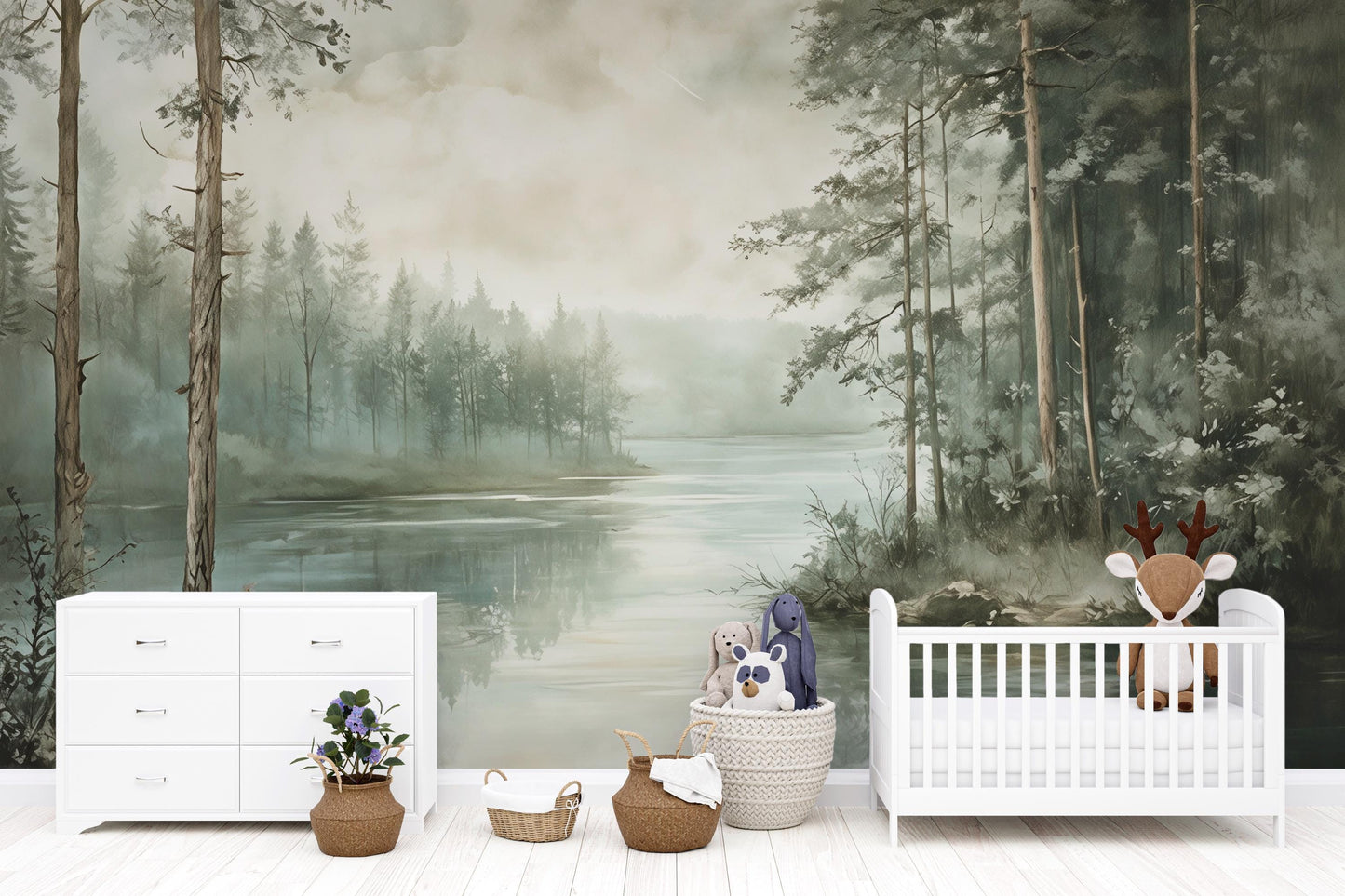 Misty Forest Lake Wall Mural – Nature Landscape Wallpaper Vn972