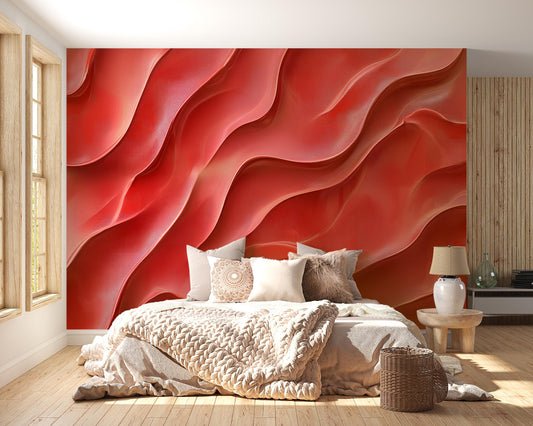 Red Wave 3D Wall Mural | Modern Abstract Wallpaper | Bold Red Accent Wall Art | Bedroom Living Room Decor Vn237