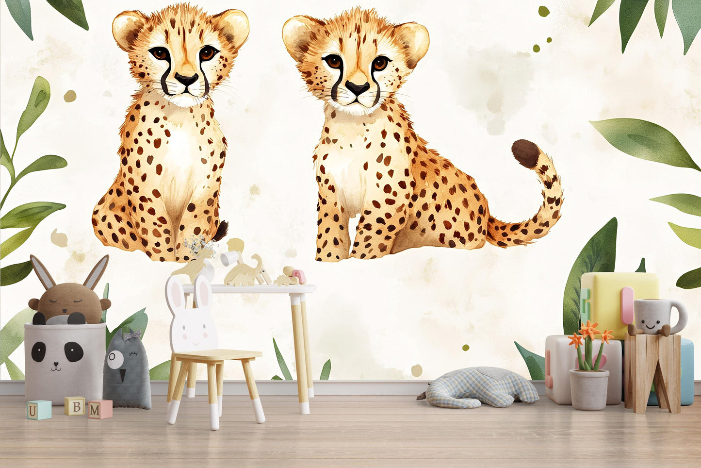 Cheetah Cub Jungle Wall Mural – Safari Nursery Wall Art – Baby Animal Wallpaper for Kids Room Vn533
