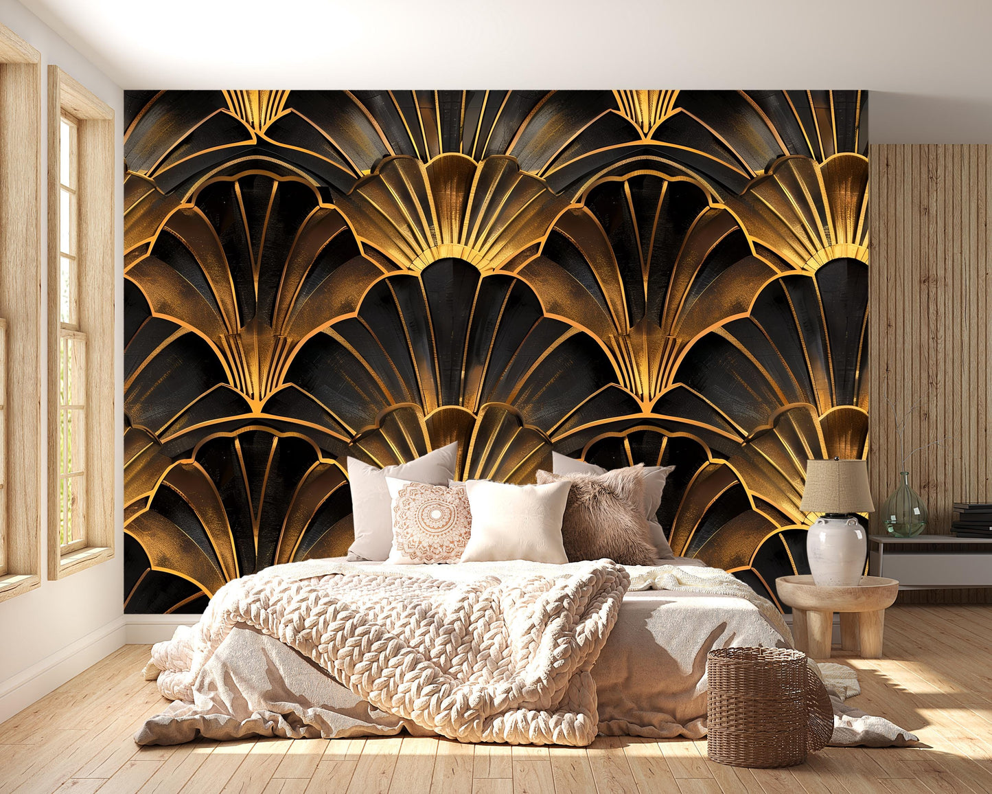 Art Deco Gold Wall Mural – Luxury Scallop Fan Pattern Wallpaper for Bedroom, Living Room & Office Decor Vn1087