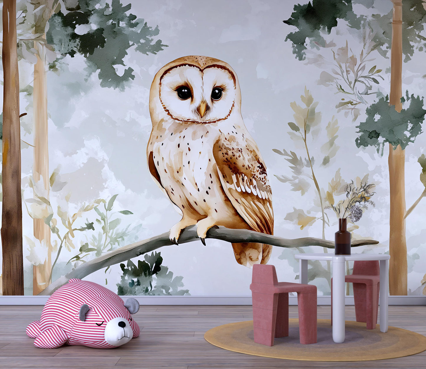 Whimsical Owl Wall Mural for Kids Room | Woodland Animal Nursery Wallpaper | Forest Bird Accent Wall | Large Owl Art for Playroom Vn501