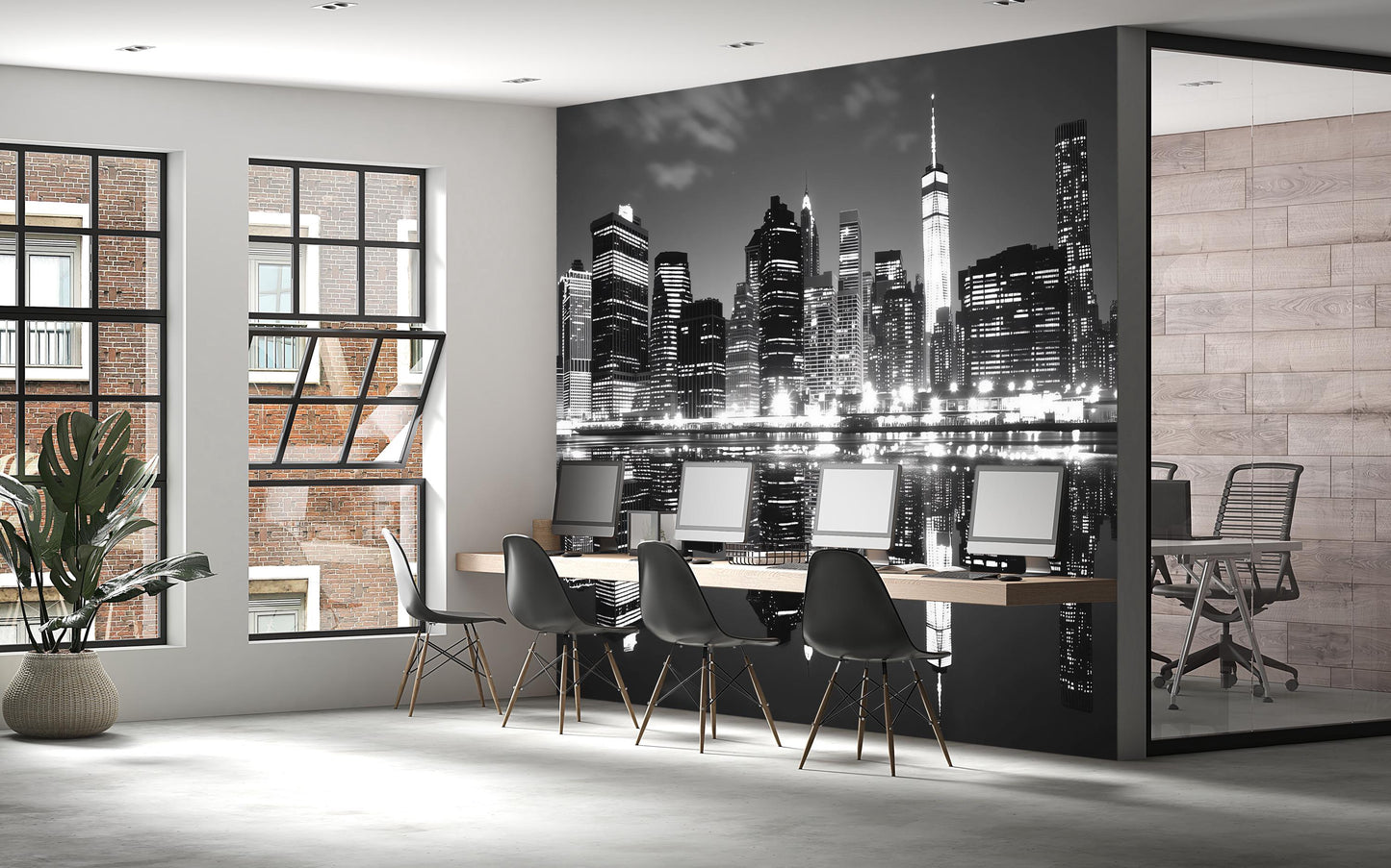 NYC Skyline Wall Mural – Black White Cityscape Wallpaper, Manhattan Reflection Art Vn885