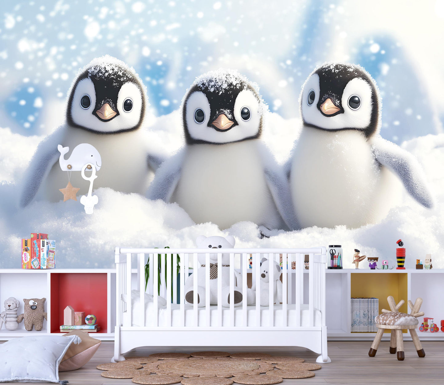 Snowy Baby Penguin Wall Mural – Cute Arctic Animal Nursery Wallpaper – Winter Penguin Kids Room Décor Vn520