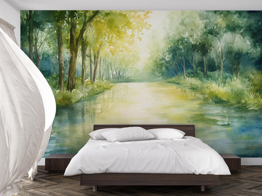 Watercolor Forest Wall Mural – Serene Woodland River Landscape for Bedroom or Living Room Decor Vn544