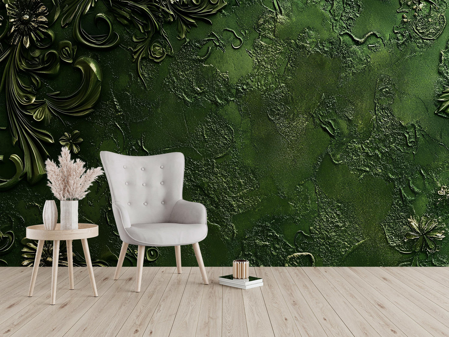 Emerald Green Textured Floral Wall Mural – 3D Luxury Botanical Accent Wallpaper for Living Room or Office Décor Vn582