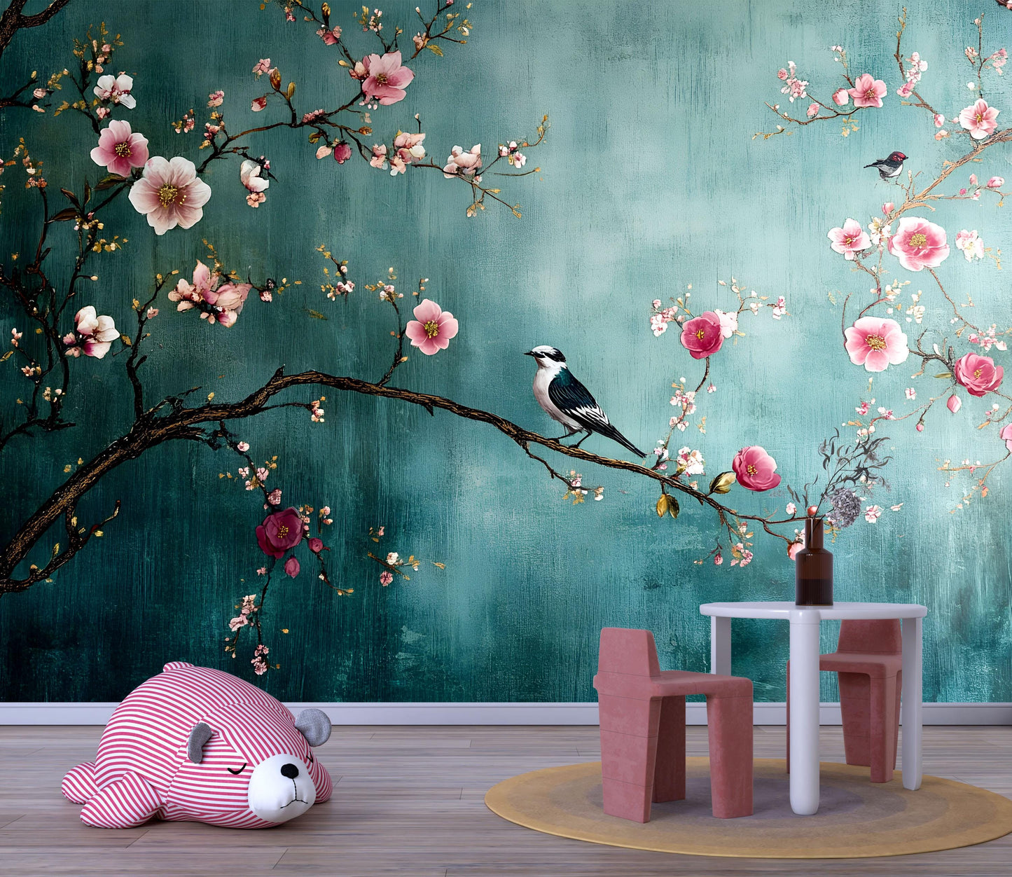 Cherry Blossom Wall Mural – Bird and Floral Nursery Wallpaper, Elegant Botanical Accent Wall for Kids Room or Bedroom Vn856
