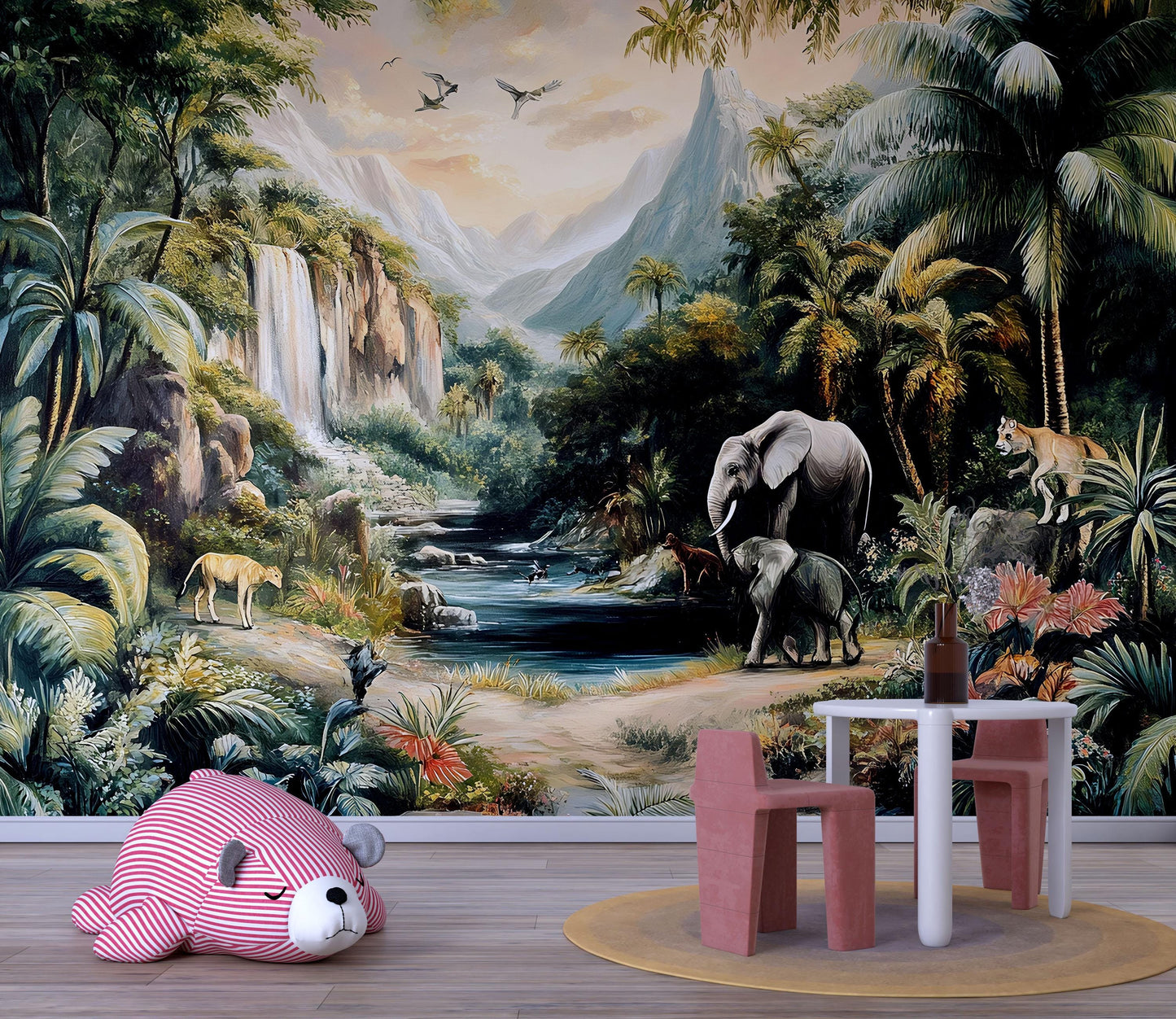 Safari Waterfall Jungle Wall Mural – Wildlife Animal Nursery Adventure Wallpaper Vn834