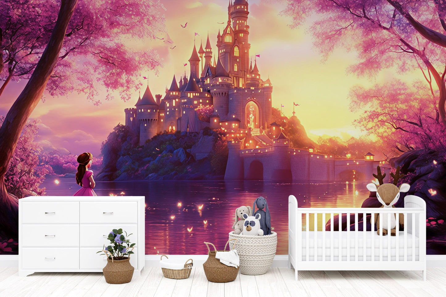 Fairy Tale Castle Wall Mural for Nursery | Princess Theme Kids Room Decor | Magical Baby Girl Room Wallpaper | Dreamy Pink Castle Art Vn365
