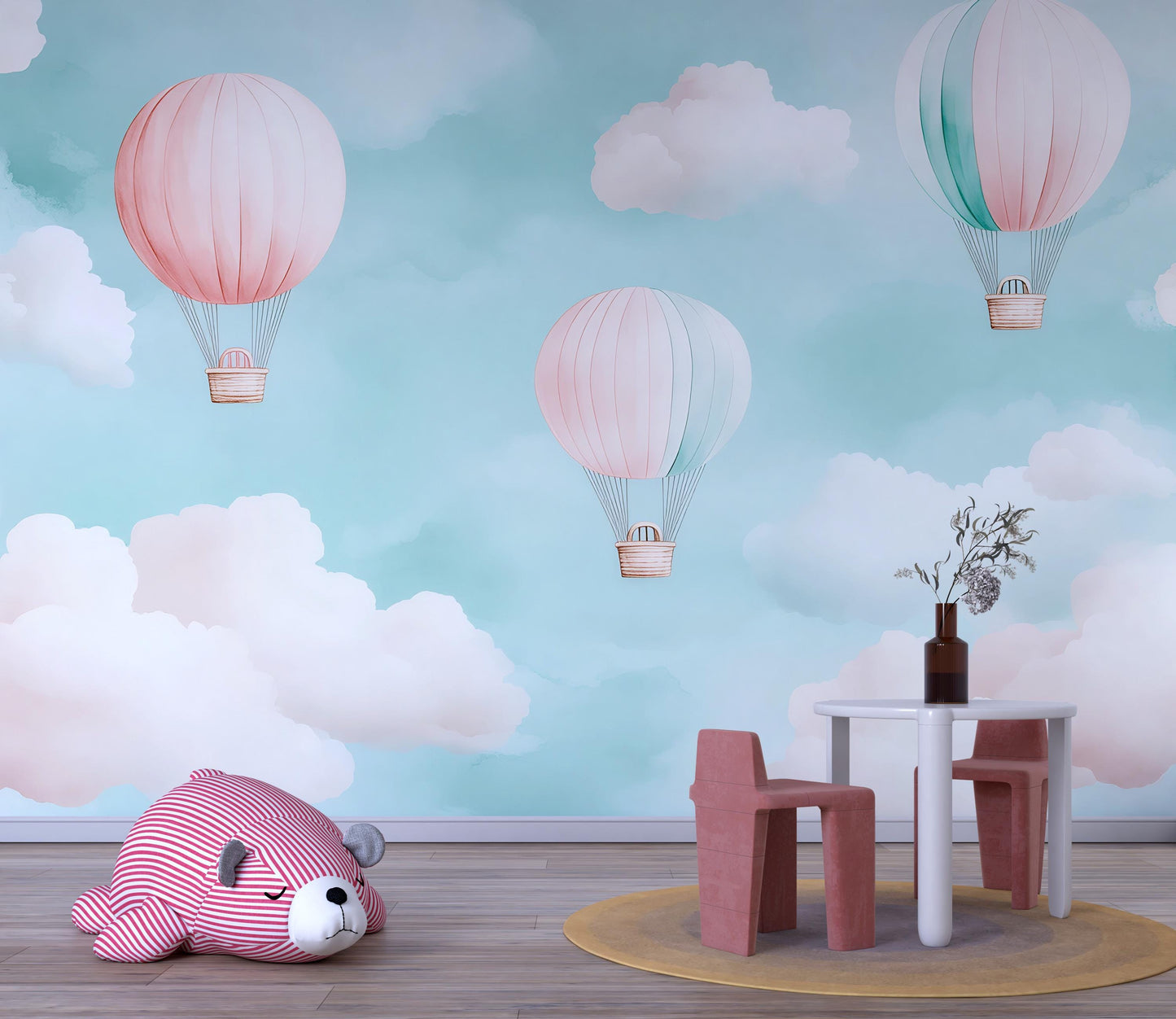 Hot Air Balloon Mural – Cloud Sky Nursery Wallpaper Baby Room Decor Vn994
