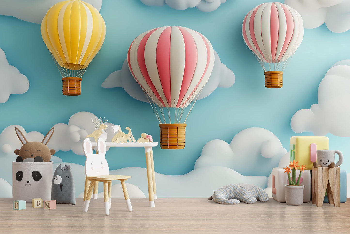 Hot Air Balloon Nursery Wall Mural – Whimsical Cloud & Sky Wallpaper for Kids Room, Playroom Decor, Gender Neutral Baby Room Art Vn374