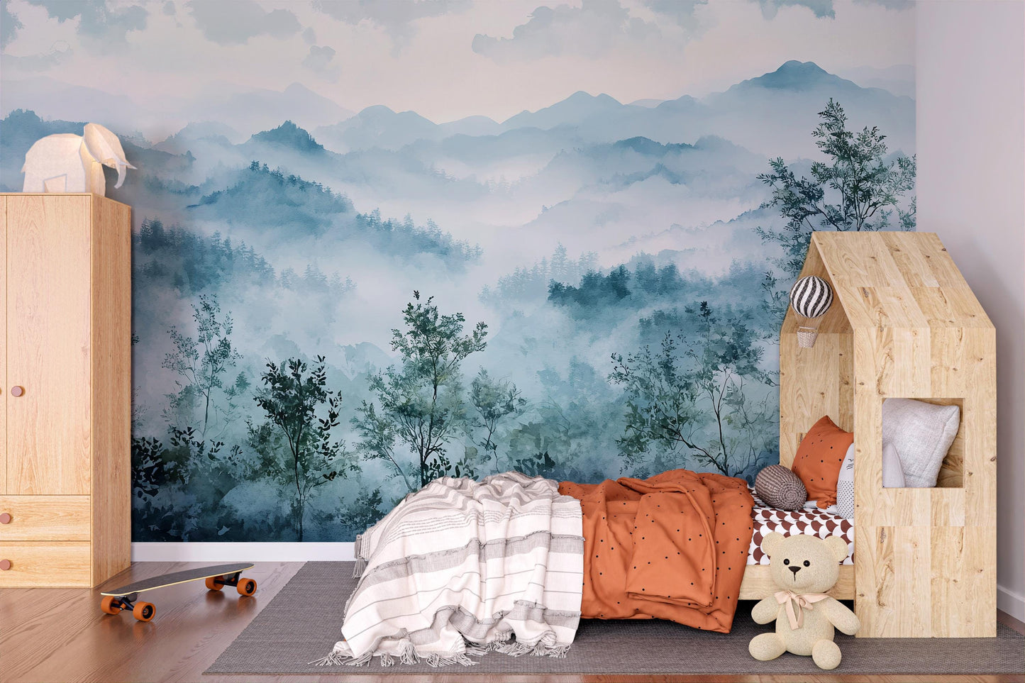 Misty Mountain Forest Wallpaper – Watercolor Nature Wall Mural for Bedroom & Living Room Vn1015