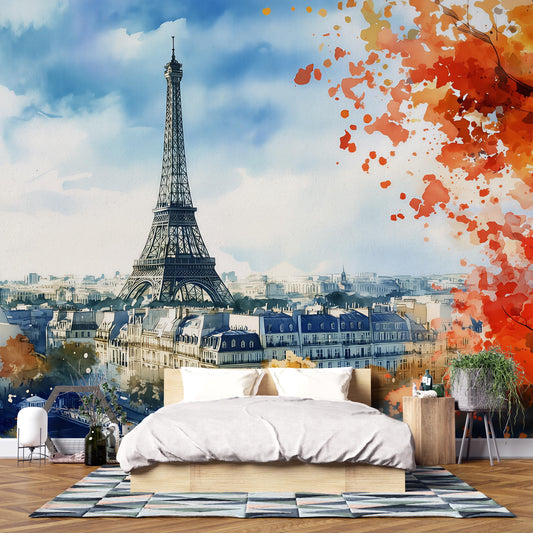 Paris Eiffel Tower Wall Mural – Watercolor Paris Skyline Wallpaper Vn927